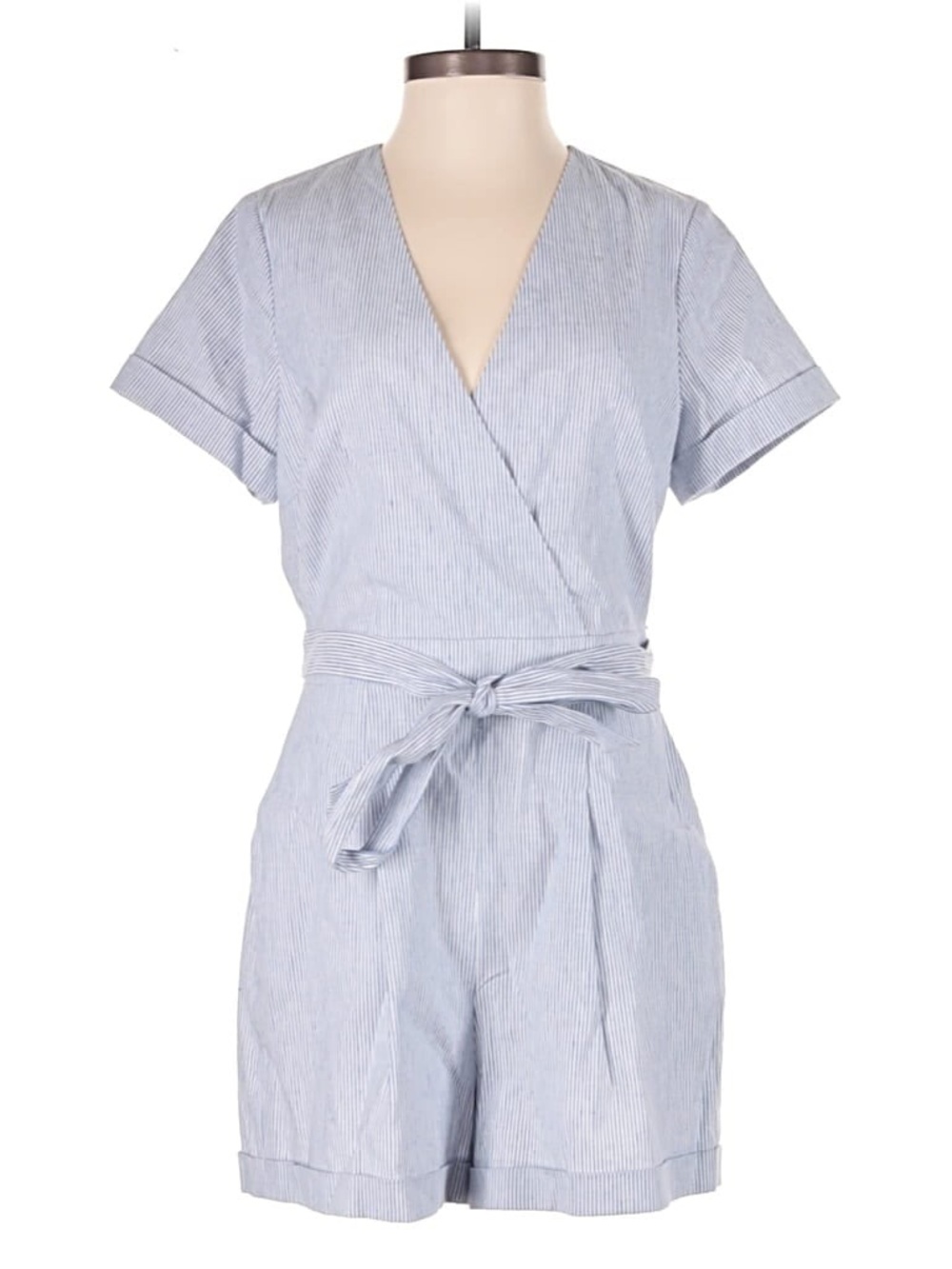 Banana Republic Light Blue Pinstripe Wrap Romper